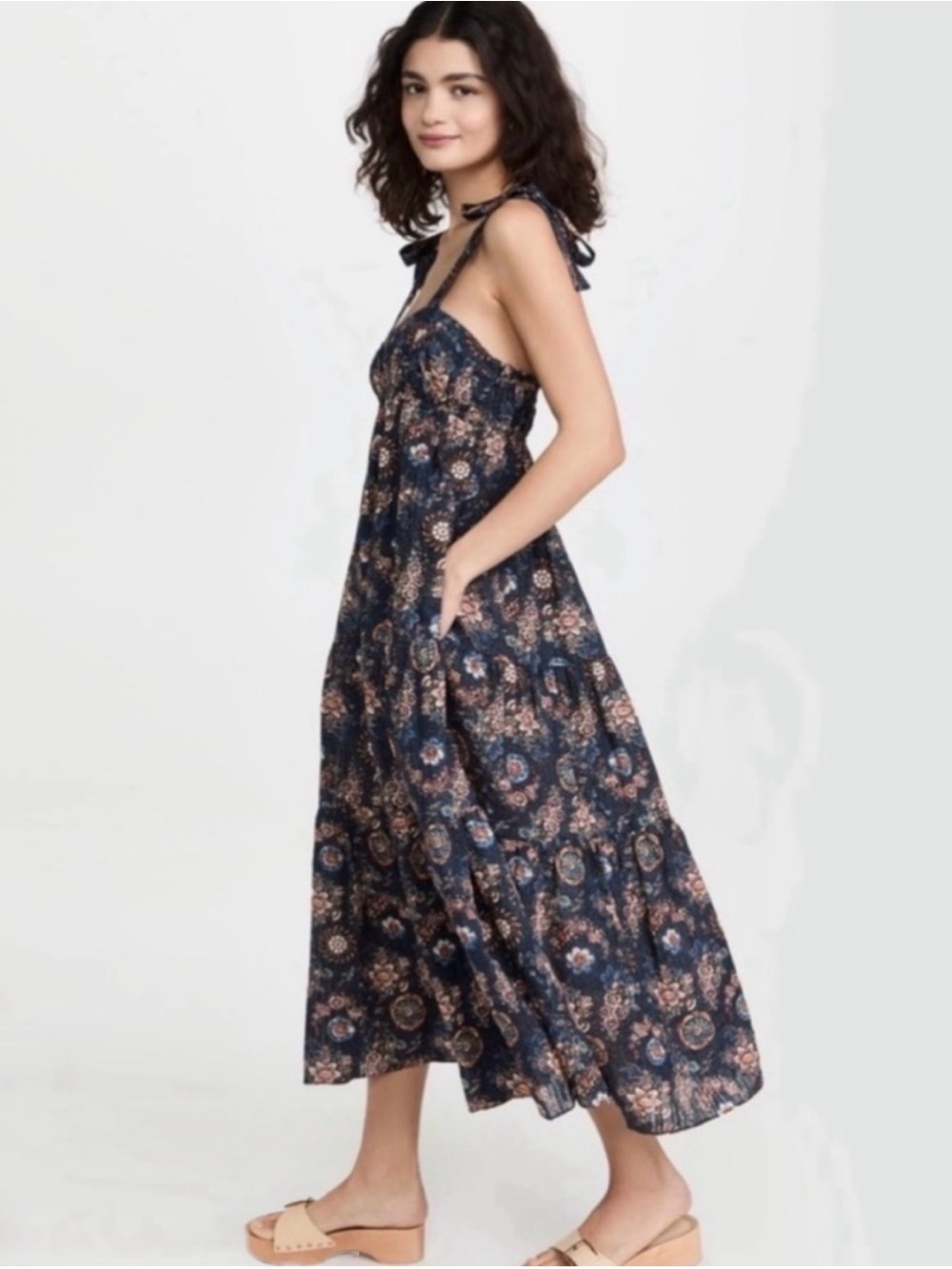 NWT Ulla Johnson Floral Cotton Blend Midi Dress in Blue, Brown, Cream & Black -